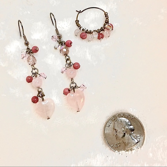 Pink & Mauve Dangle Earrings with Quartz Hearts - Picture 5 of 6